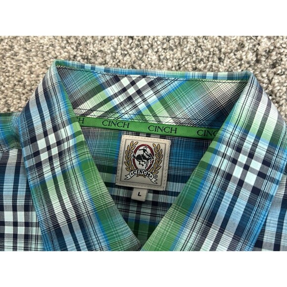 Cinch Men's Large Short Sleeve Button Shirt LOT of 2 Blue Green Orange Plaid - Picture 3 of 13